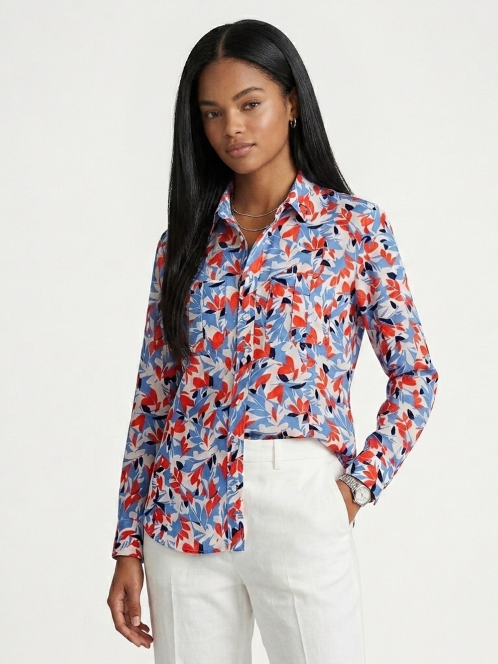 Lauren Ralph Lauren Red White Blue Botanical Cotton Utility Shirt Medium